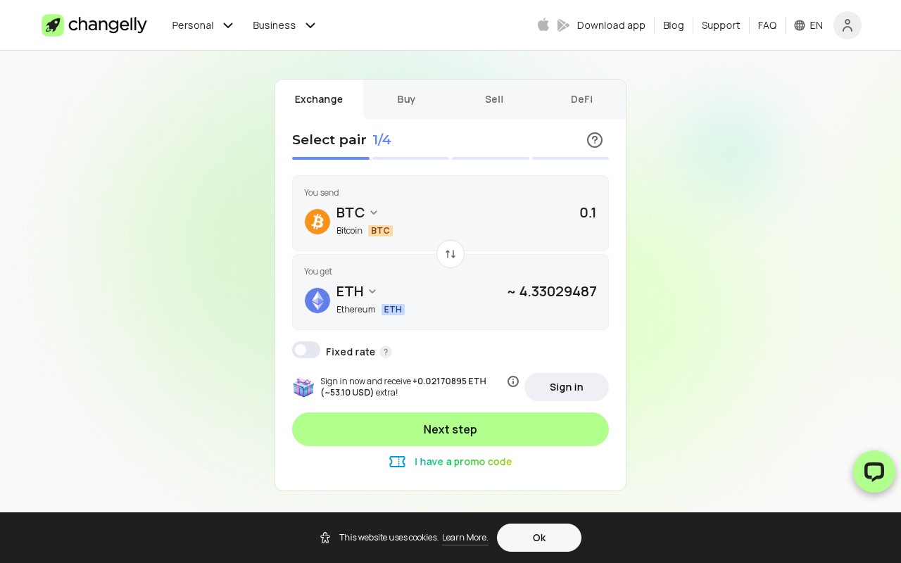 Screenshot of changelly.com