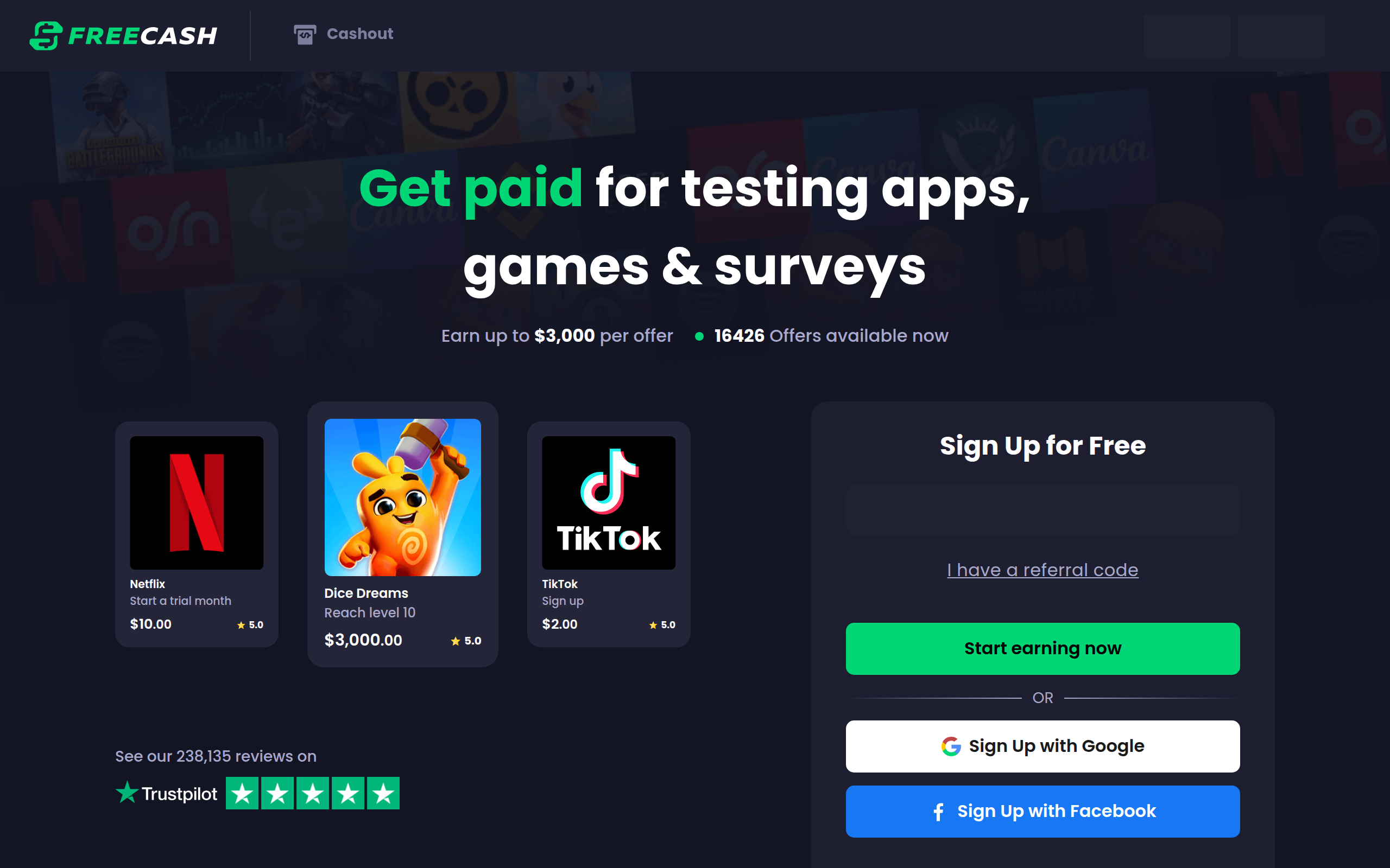 Screenshot of freecash.com