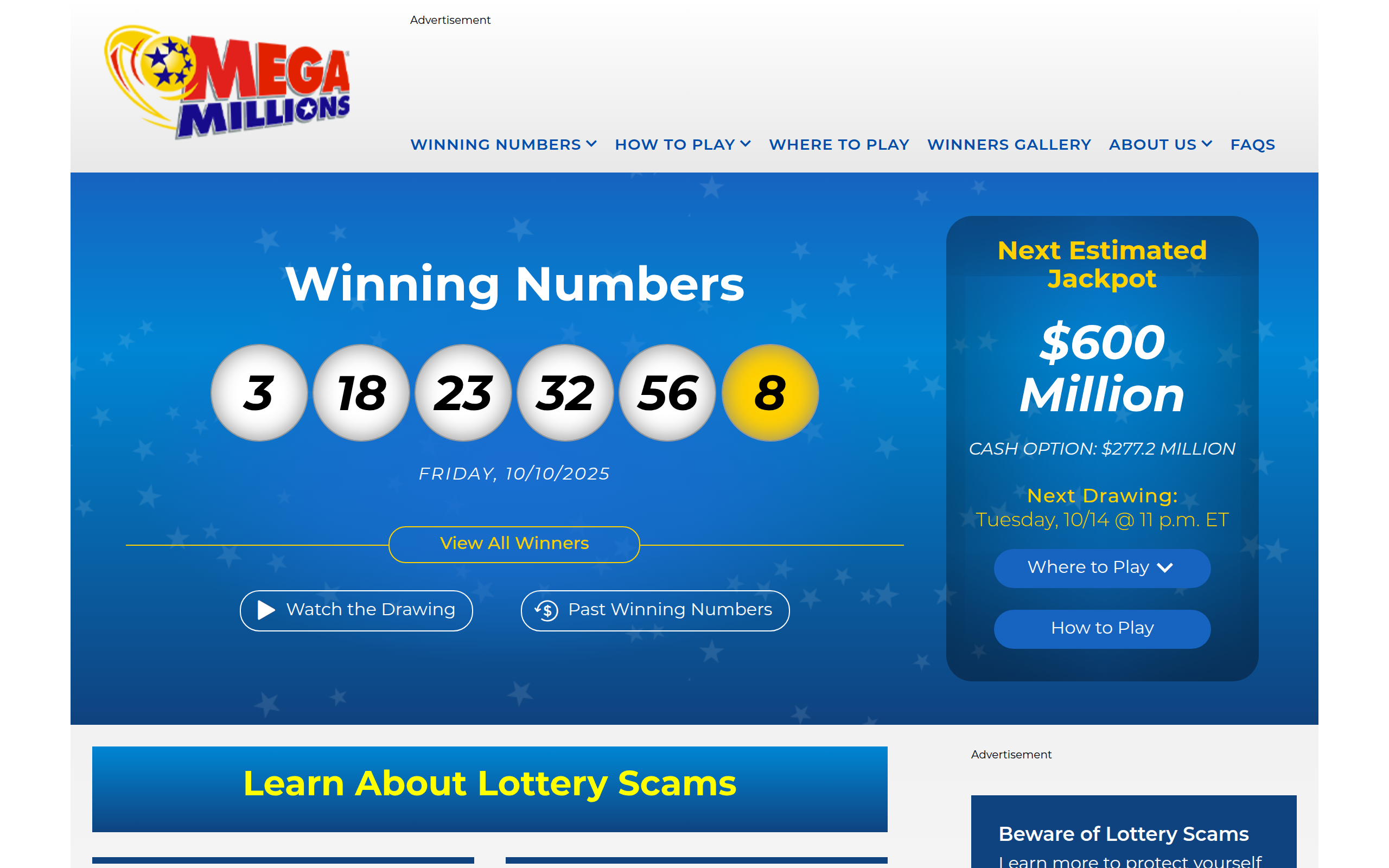 Screenshot of megamillions.com