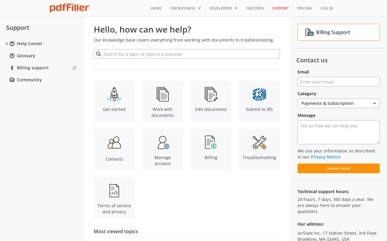 Screenshot of supportpdffiller.com